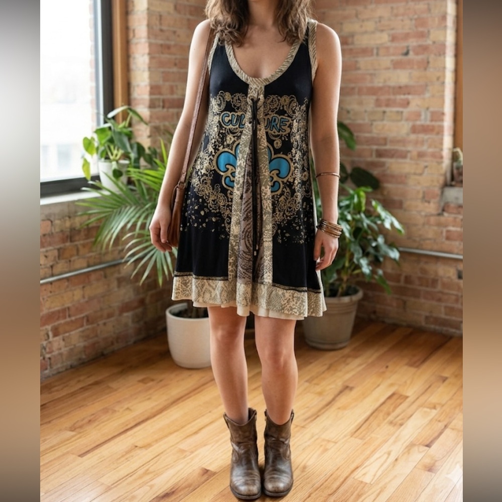 Black Boho Graphic Tank tunic Dress Turquoise NWOT Small Ptp 14 hits mid thigh - Picture 1 of 11